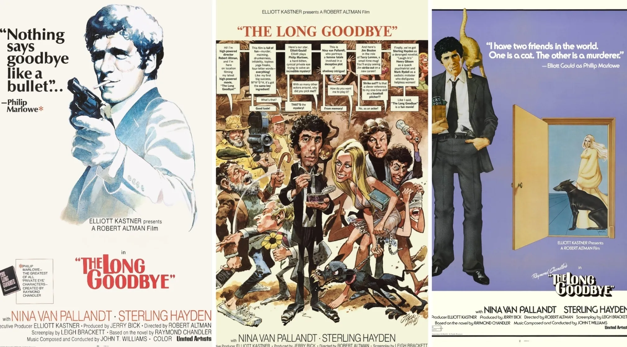 Three 70s movie posters for The Long Goodbye, featuring actor Elliott Gould as a detective.
