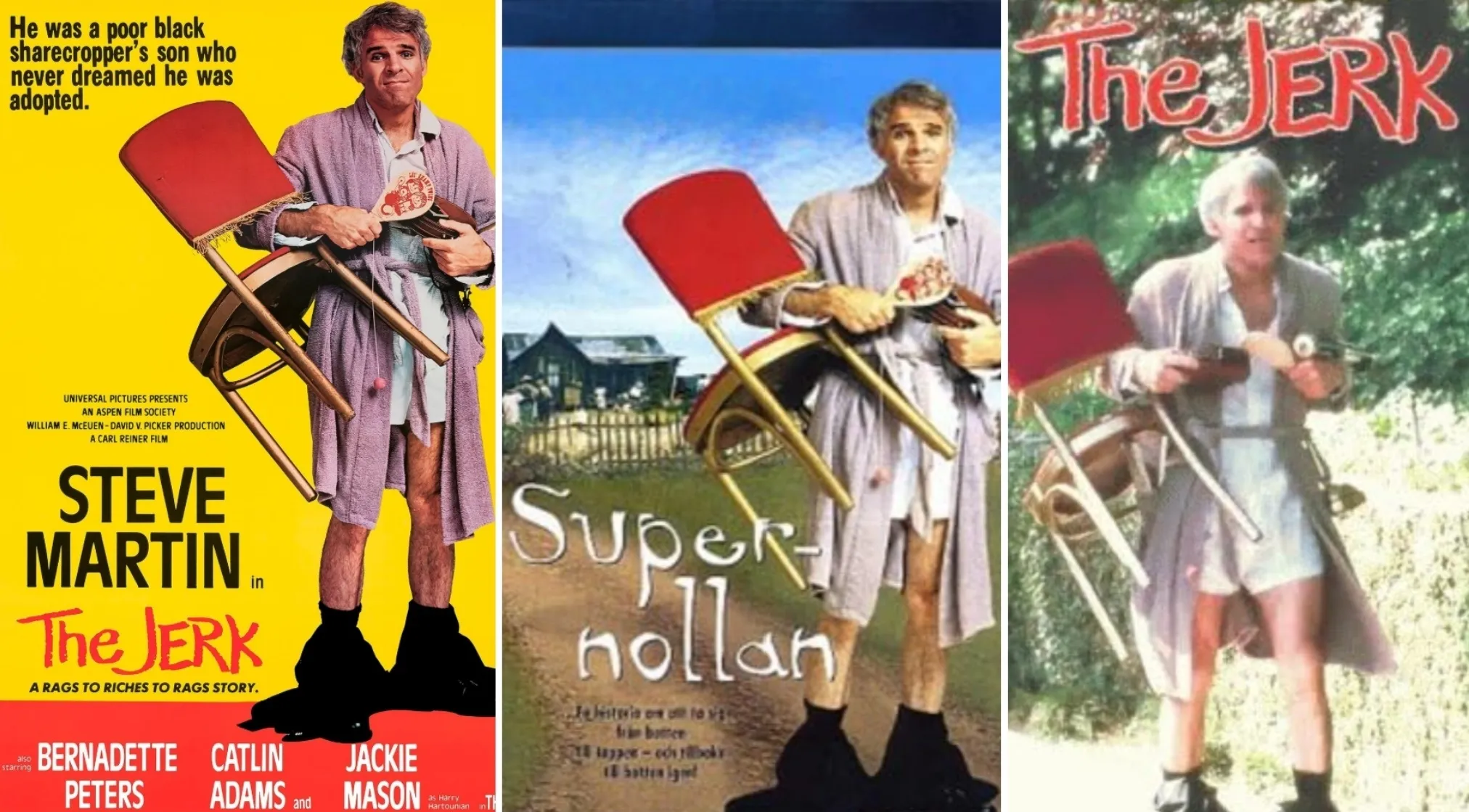 Steve Martin on a 70s movie poster for The Jerk, holding a chair and a paddleball set. This character is famous.