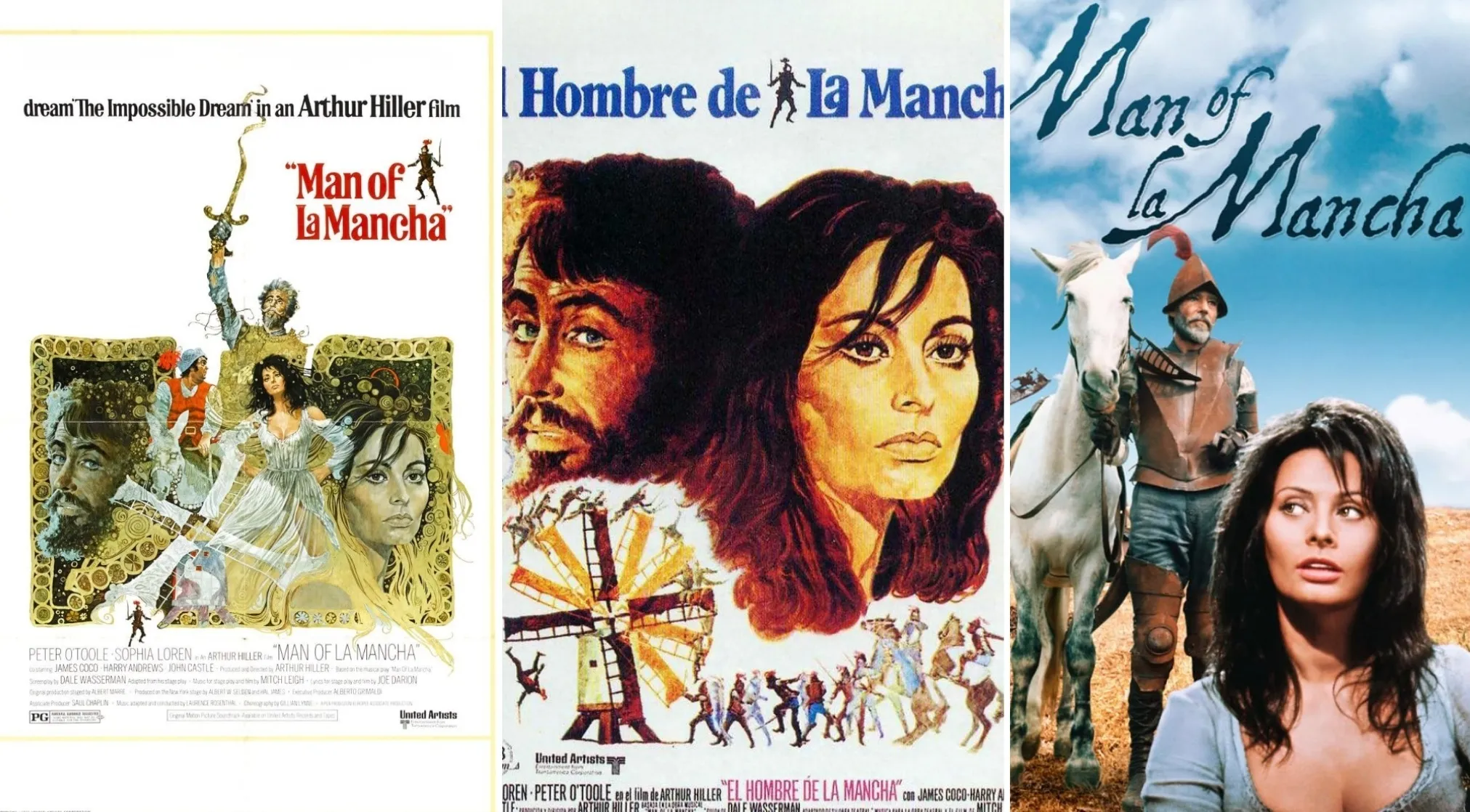 Three 70s movie posters for Man of La Mancha, featuring Sophia Loren and Peter O'Toole. Guess the actor from this musical poster.