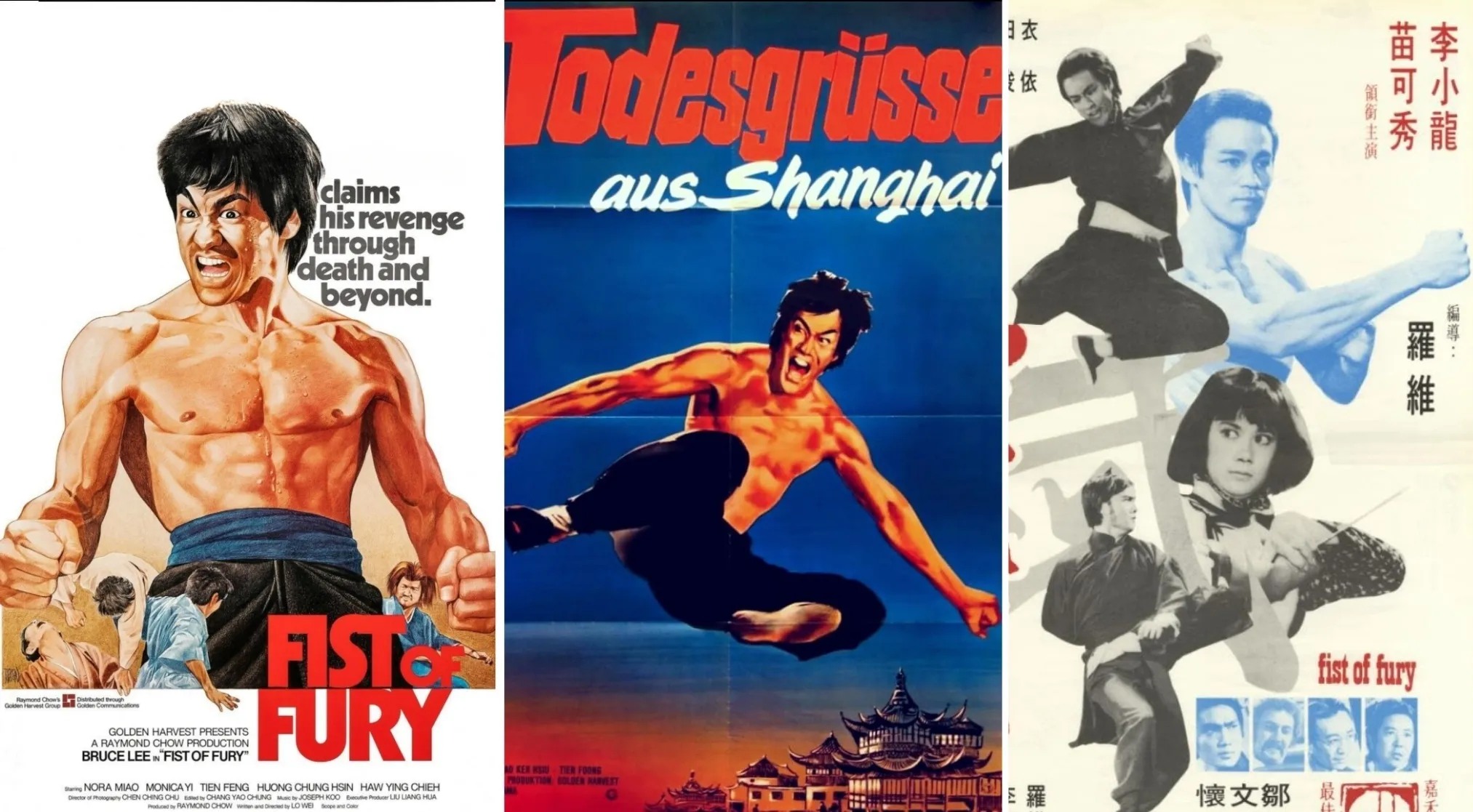 Three vintage 70s movie posters featuring the martial arts legend Bruce Lee in various dynamic poses.