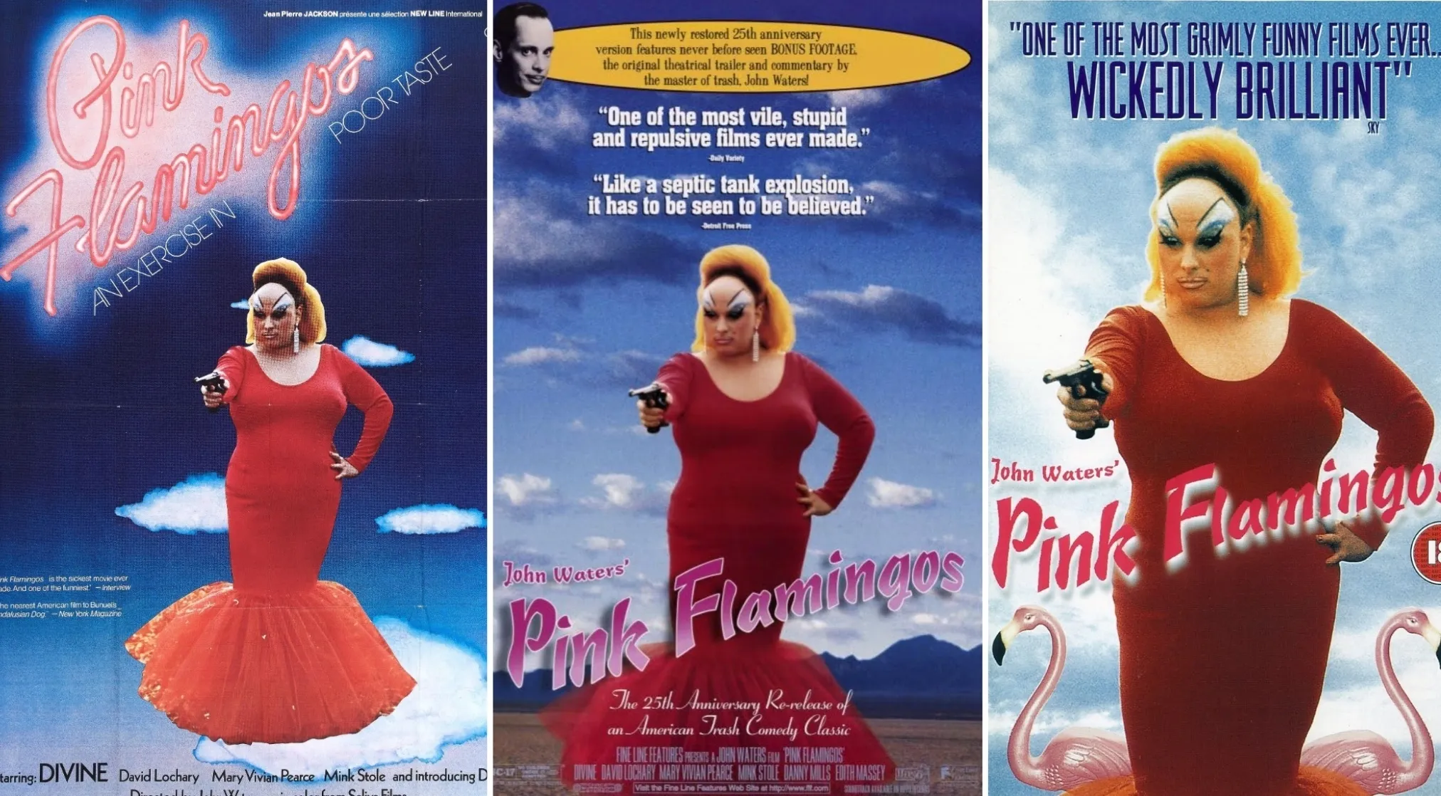 Divine, a character on a 70s movie poster, stands in a red dress, holding a gun.