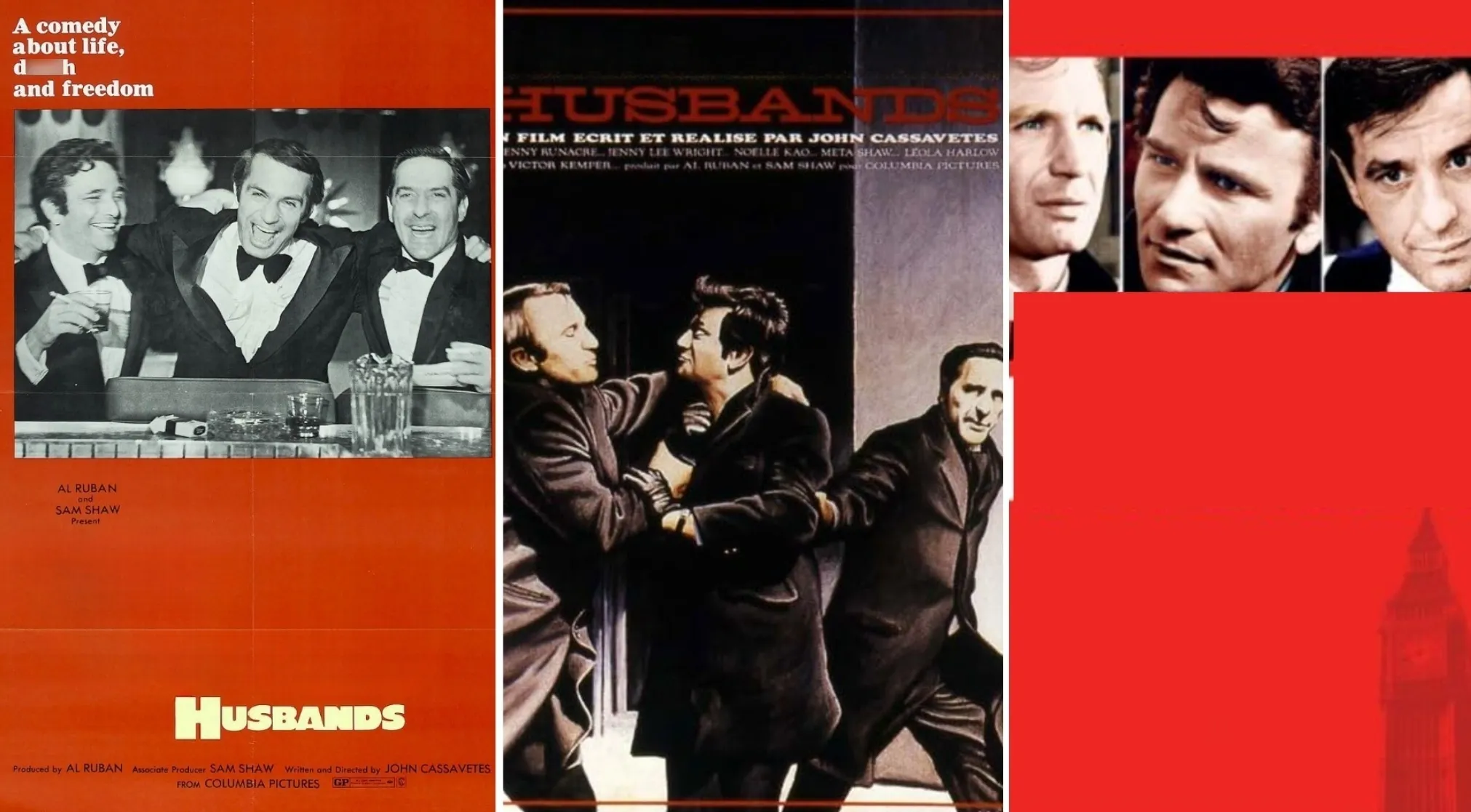 70s movie poster for Husbands, showing three men, one with a cigar, laughing and drinking. The movie poster.