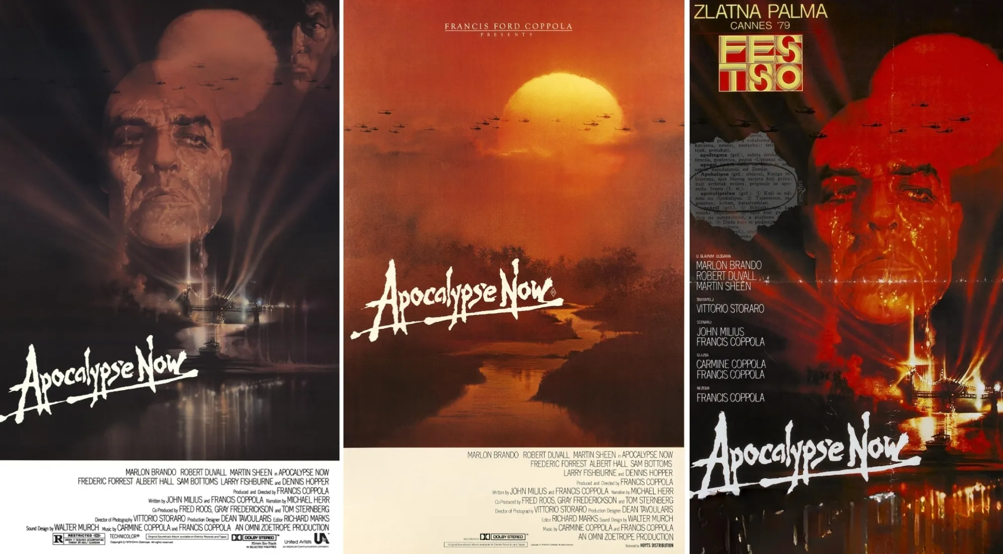 Three Apocalypse Now movie posters, featuring Marlon Brando's intense gaze and iconic '70s war movie imagery.