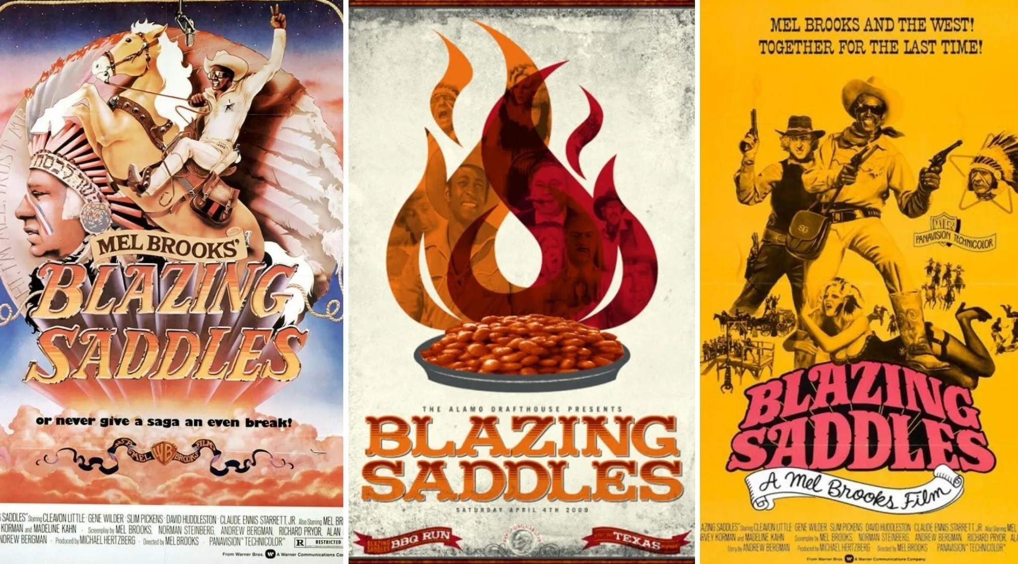 Three Blazing Saddles movie posters. The sheriff character is prominent on the left and right classic comedy posters.