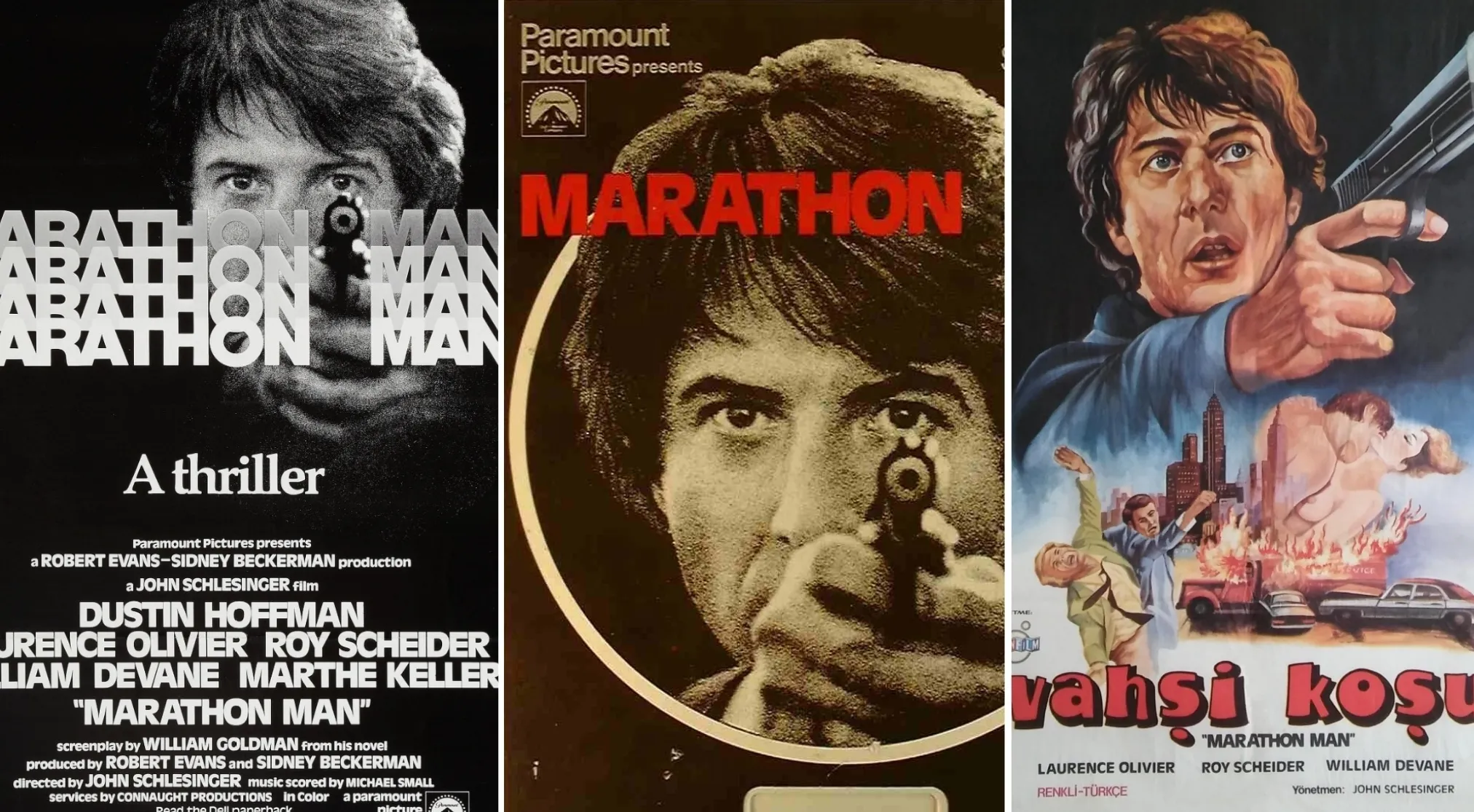 Three '70s movie posters for Marathon Man, featuring Dustin Hoffman with a gun pointed at the viewer. Which character is featured on this movie poster?
