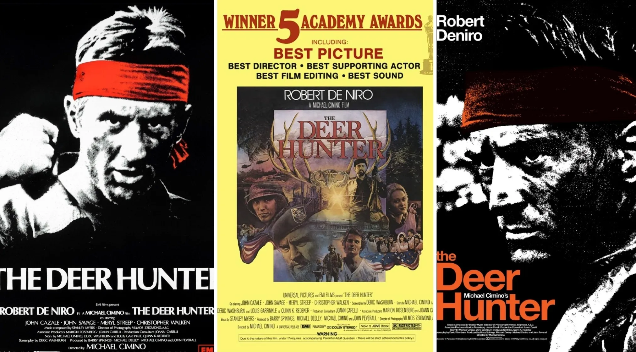 Robert De Niro featured in three '70s movie posters for The Deer Hunter, including a close-up with a red bandana.