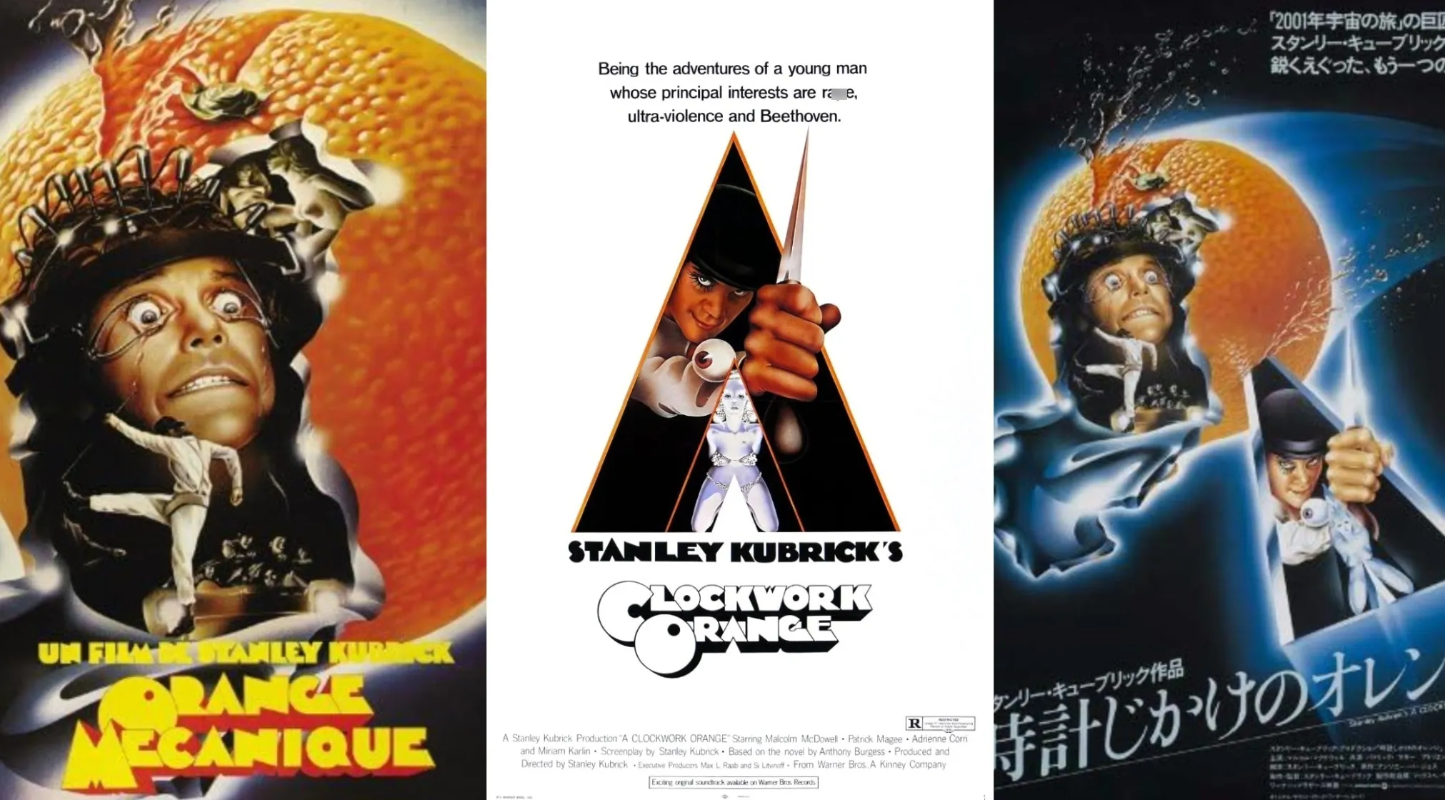 Three A Clockwork Orange movie posters. The central poster highlights the main actor, a sci-fi icon, holding a knife.