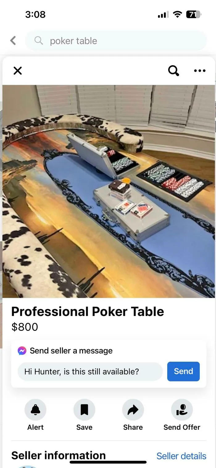 A professional poker table with a unique design, featuring cow print and poker chips, a bizarre furniture piece.