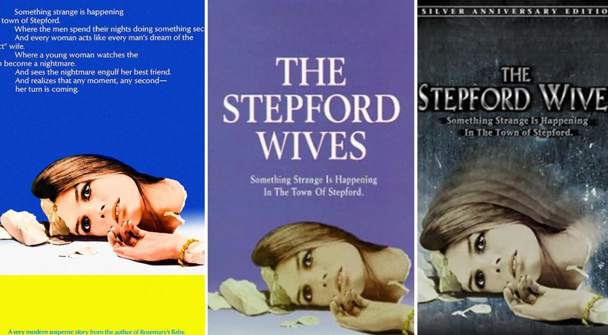 The Stepford Wives movie poster showing an actress's smiling head detached from a broken stone body. '70s movie poster.