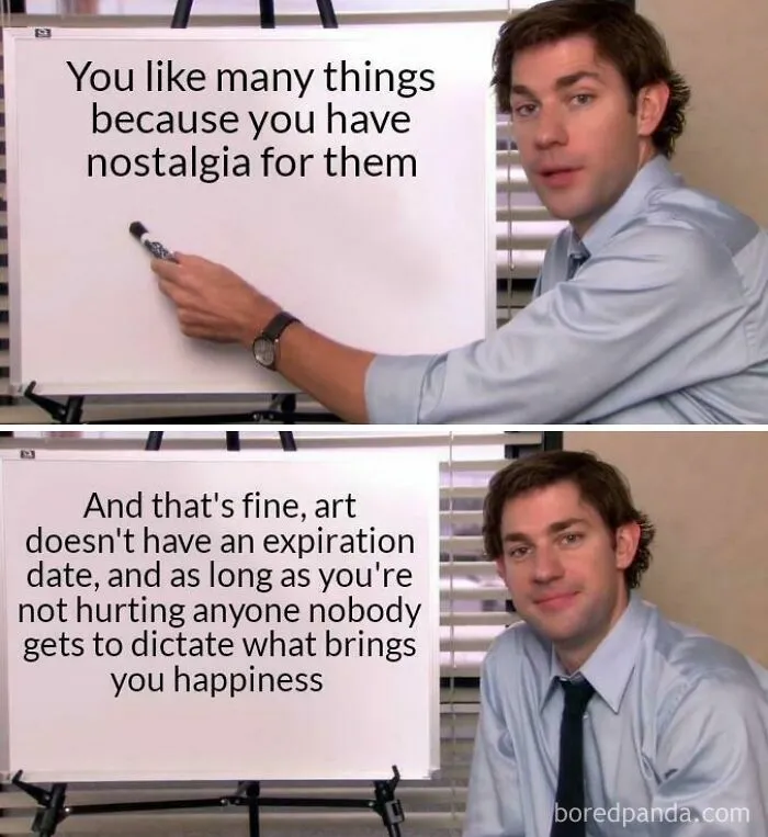 A meme of Jim Halpert pointing at a whiteboard, sharing wholesome advice about nostalgia and happiness online.