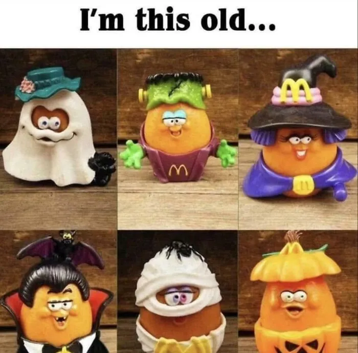 A grid of six McDonald's Halloween pail toys, a nostalgic look back at life in the 90s.