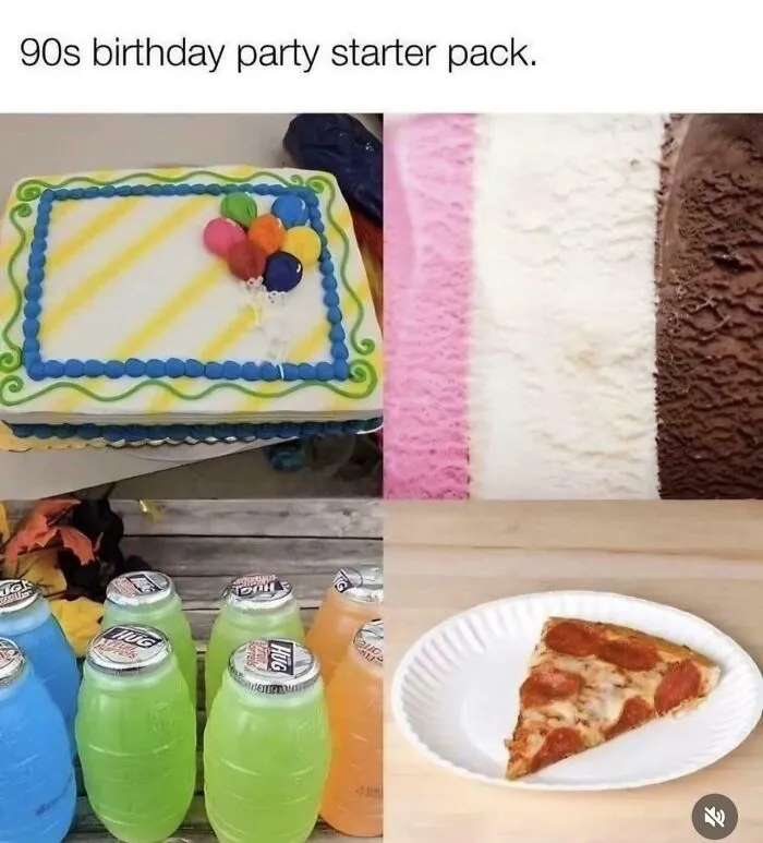 A collage showing 90s birthday party essentials: cake, ice cream, Hugs, and pizza, a slice of life in the 90s.