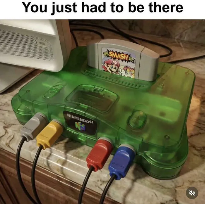 A green Nintendo 64 console with a Super Smash Bros. cartridge inserted, depicting gaming life in the 90s.