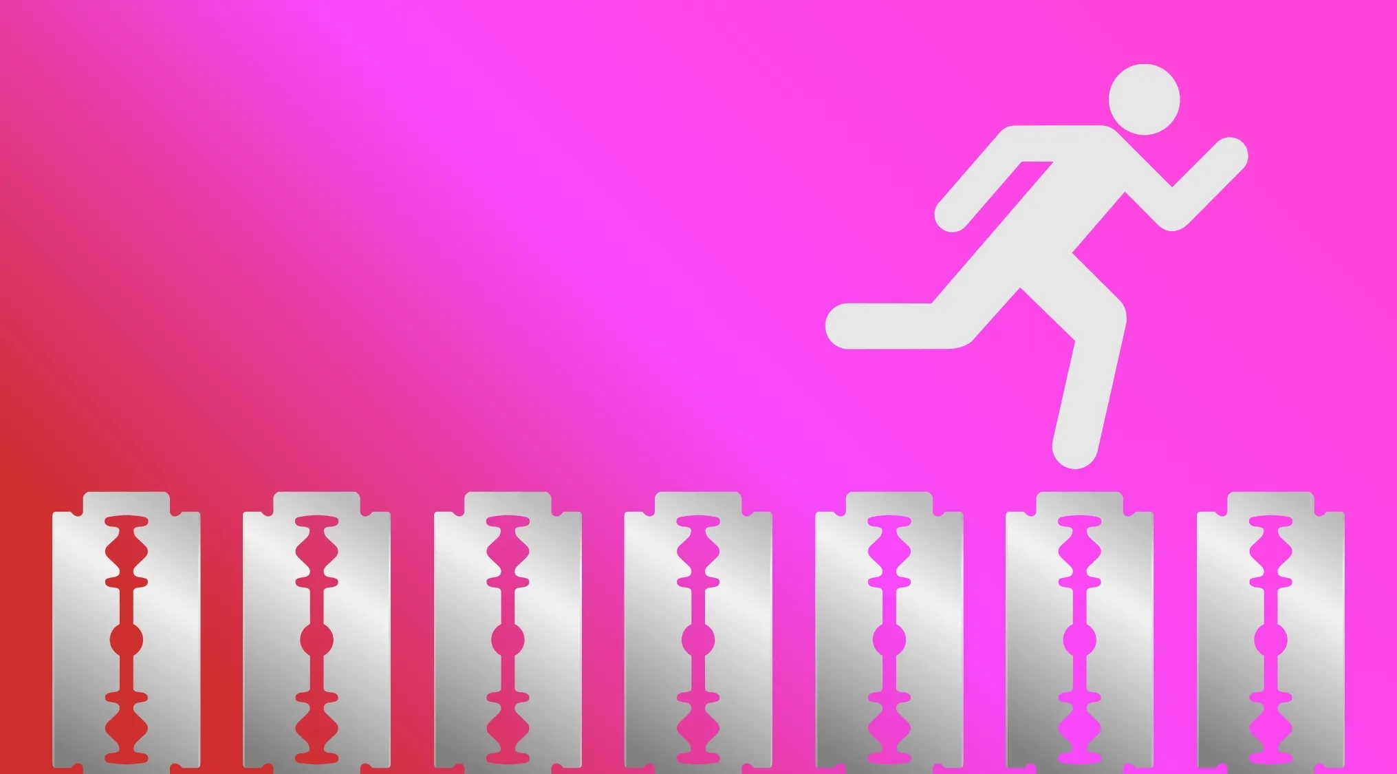 A white running figure leaps over a row of razor blades on a pink background. Guess the film using the picture.