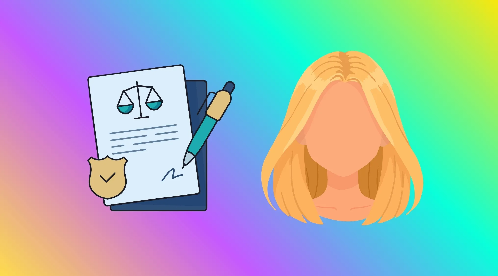 An illustration of a legal document and scales of justice next to a blonde woman's head for a Movie Titles Rebus Challenge.