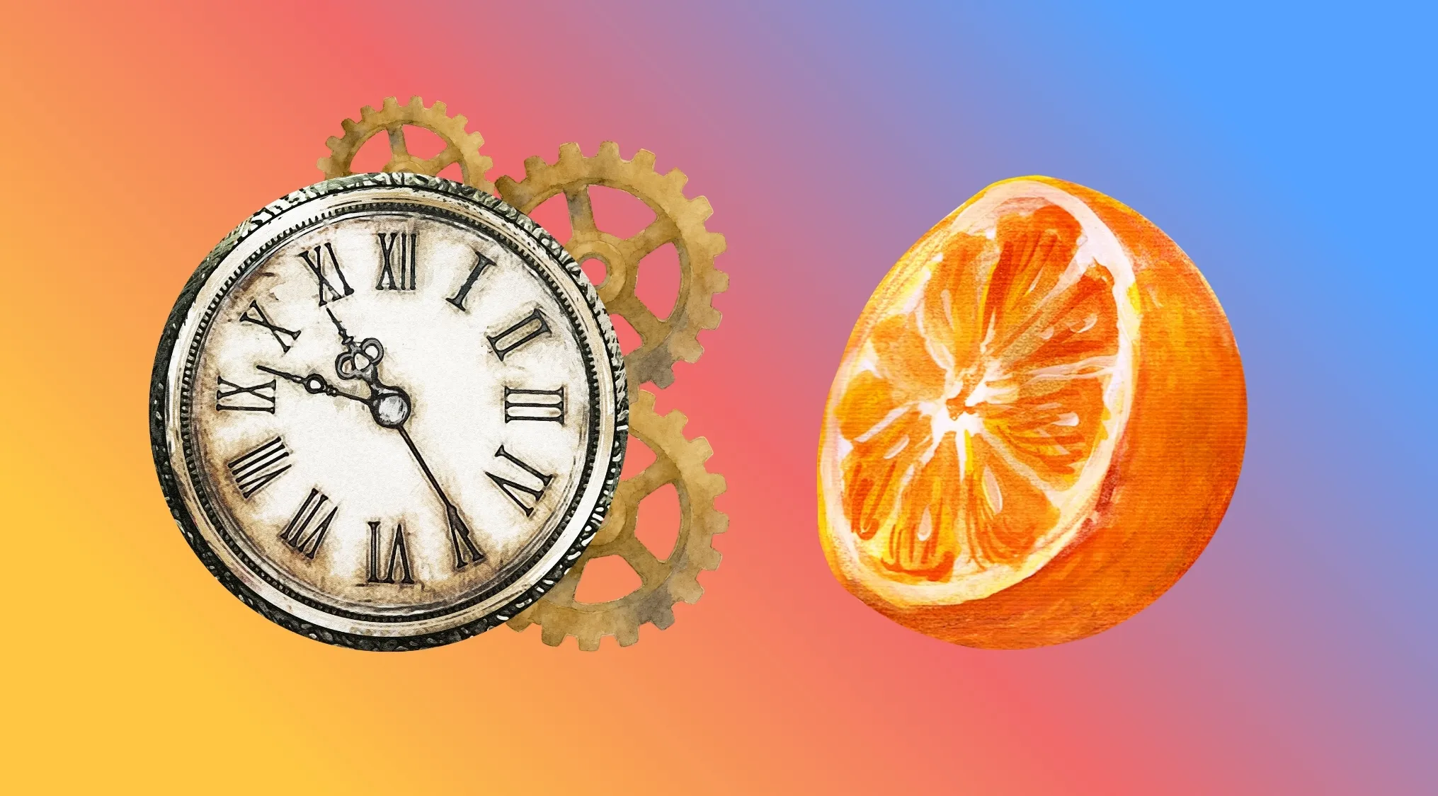 An illustration of a vintage clock with gears next to a sliced orange for a Movie Titles Rebus Challenge.