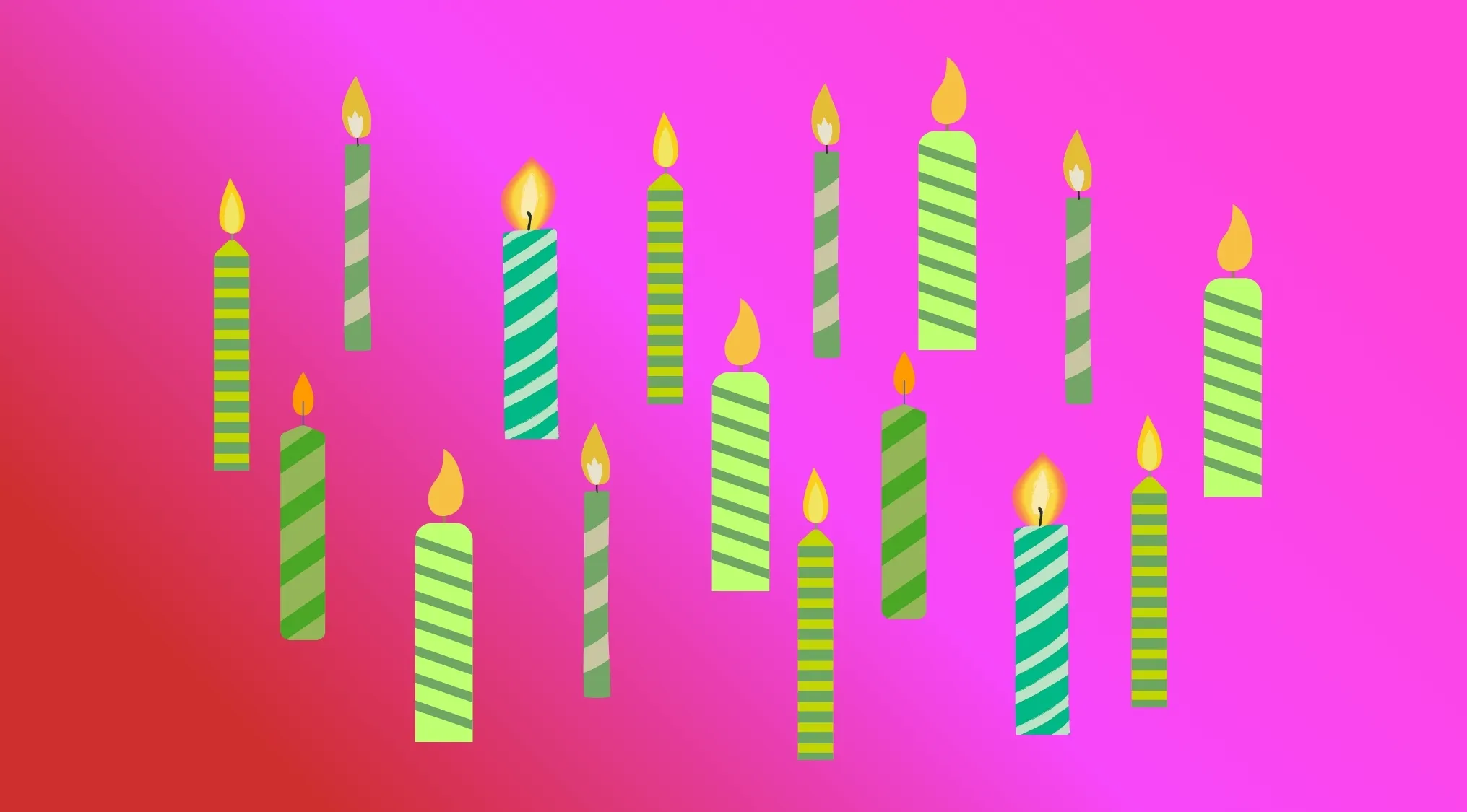 A Movie Titles Rebus Challenge image depicting lit green and white striped birthday candles on a pink and red gradient background, hinting at a film title.