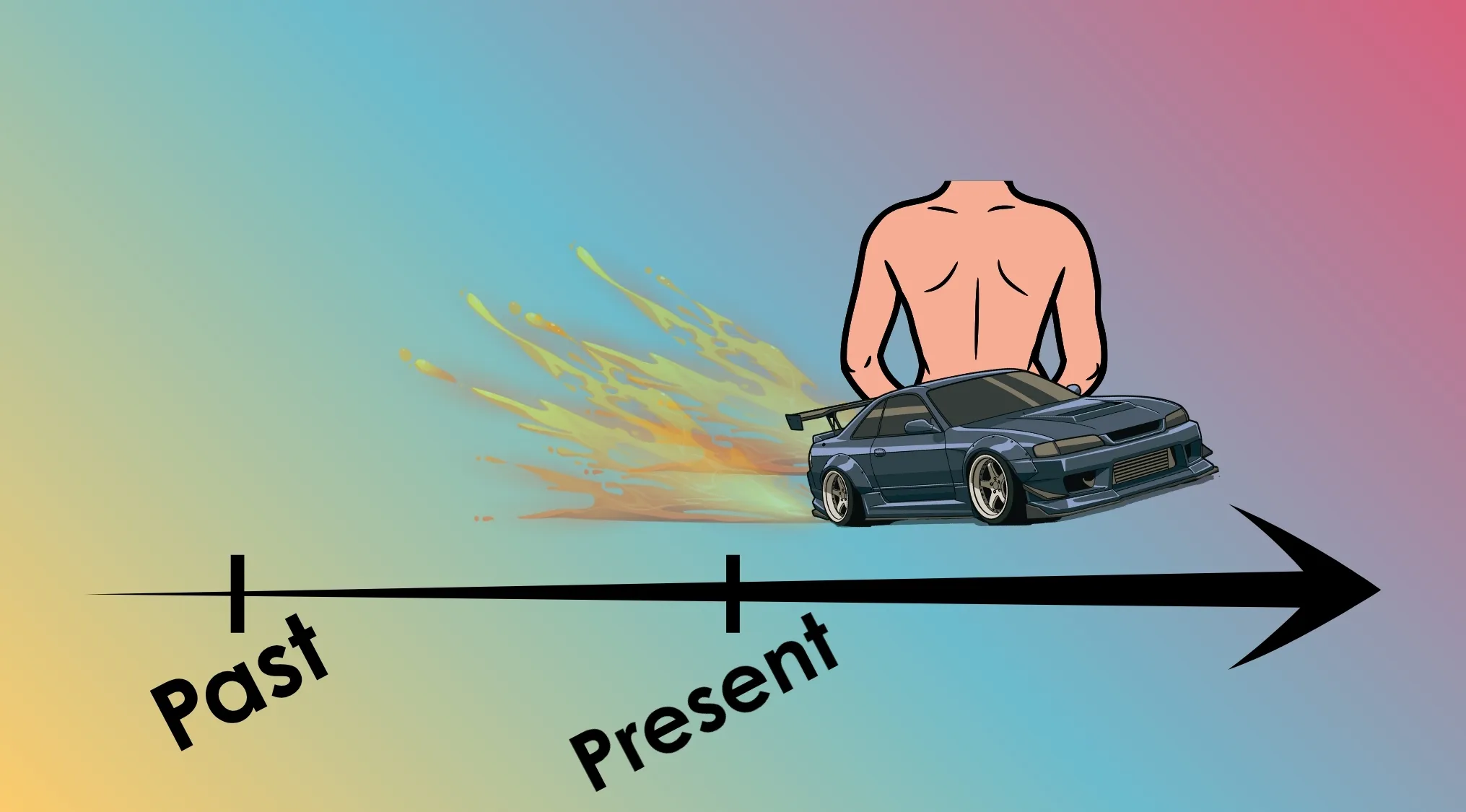 A Movie Titles Rebus Challenge image with a time arrow showing past and present, a car, and a male torso, for a film title.