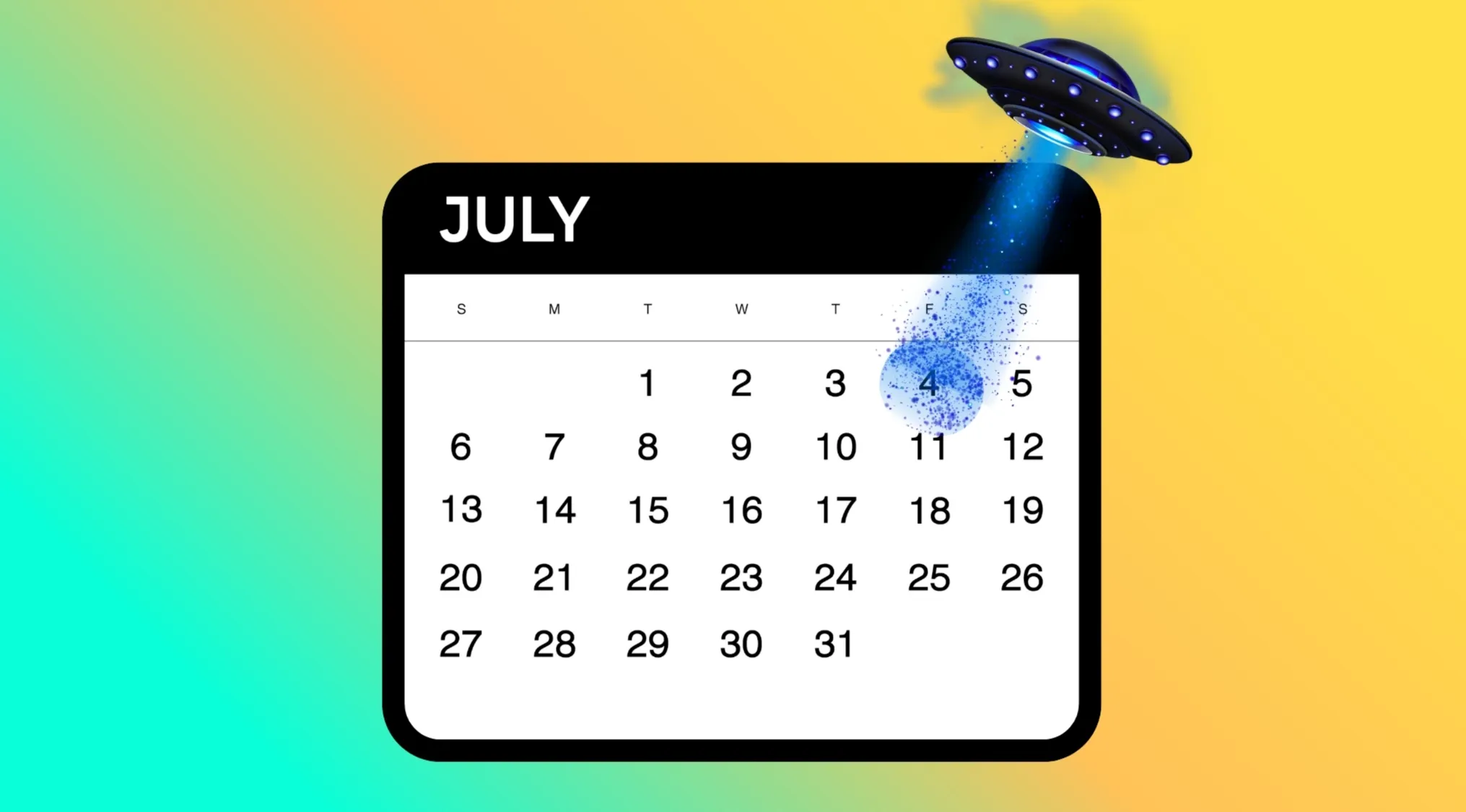 A calendar with JULY, the 4th, highlighted, and a UFO shining a light on it for a Movie Titles Rebus Challenge.