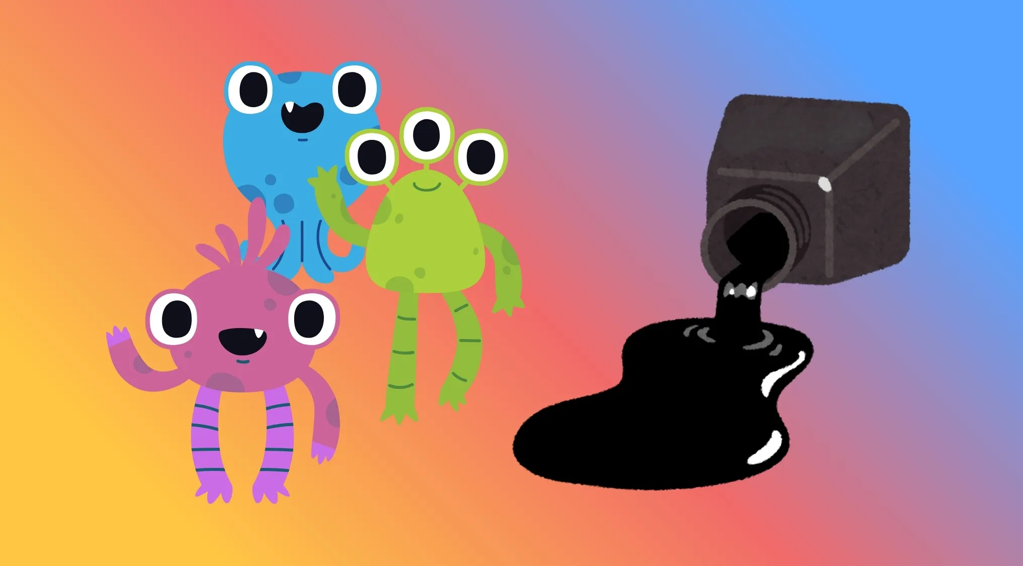 Three cartoon monsters and an ink spill, forming a rebus for a Movie Titles Rebus Challenge.