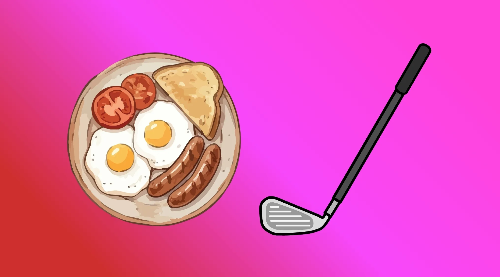 A full breakfast plate next to a golf club, creating a rebus for a Movie Titles Rebus Challenge.