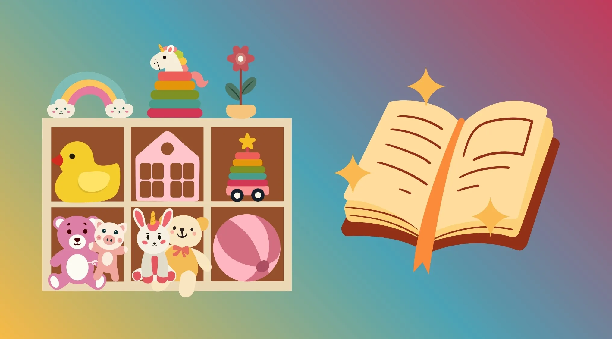 An illustration of a shelf with toys next to an open book, hinting at a movie title rebus.