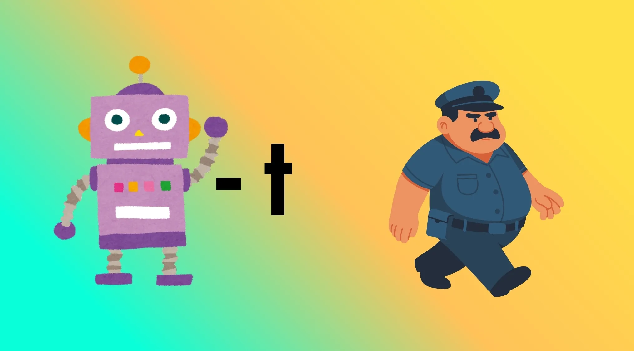 A purple robot with a minus 't' and a police officer for a Movie Titles Rebus Challenge, implying a film.