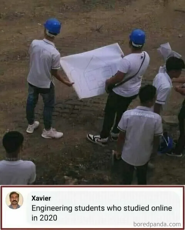 Engineering students in hard hats hold a small, crude drawing of a house, an unfortunate display of stupidity.
