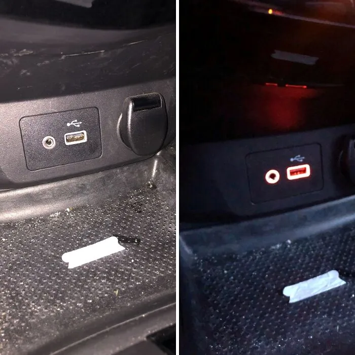 El puerto USB y auxiliar del coche de mi madre brilla en la oscuridad, así que puedes conectarlos sin mucha complicación