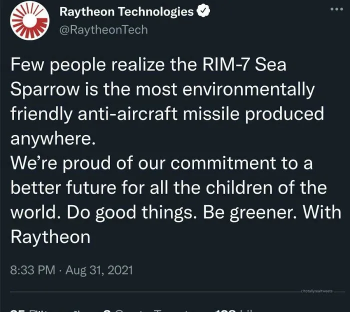 Raytheon tweet about RIM-7 Sea Sparrow missile environmental friendliness, highlighting insulting consumerism with a 400% price difference.