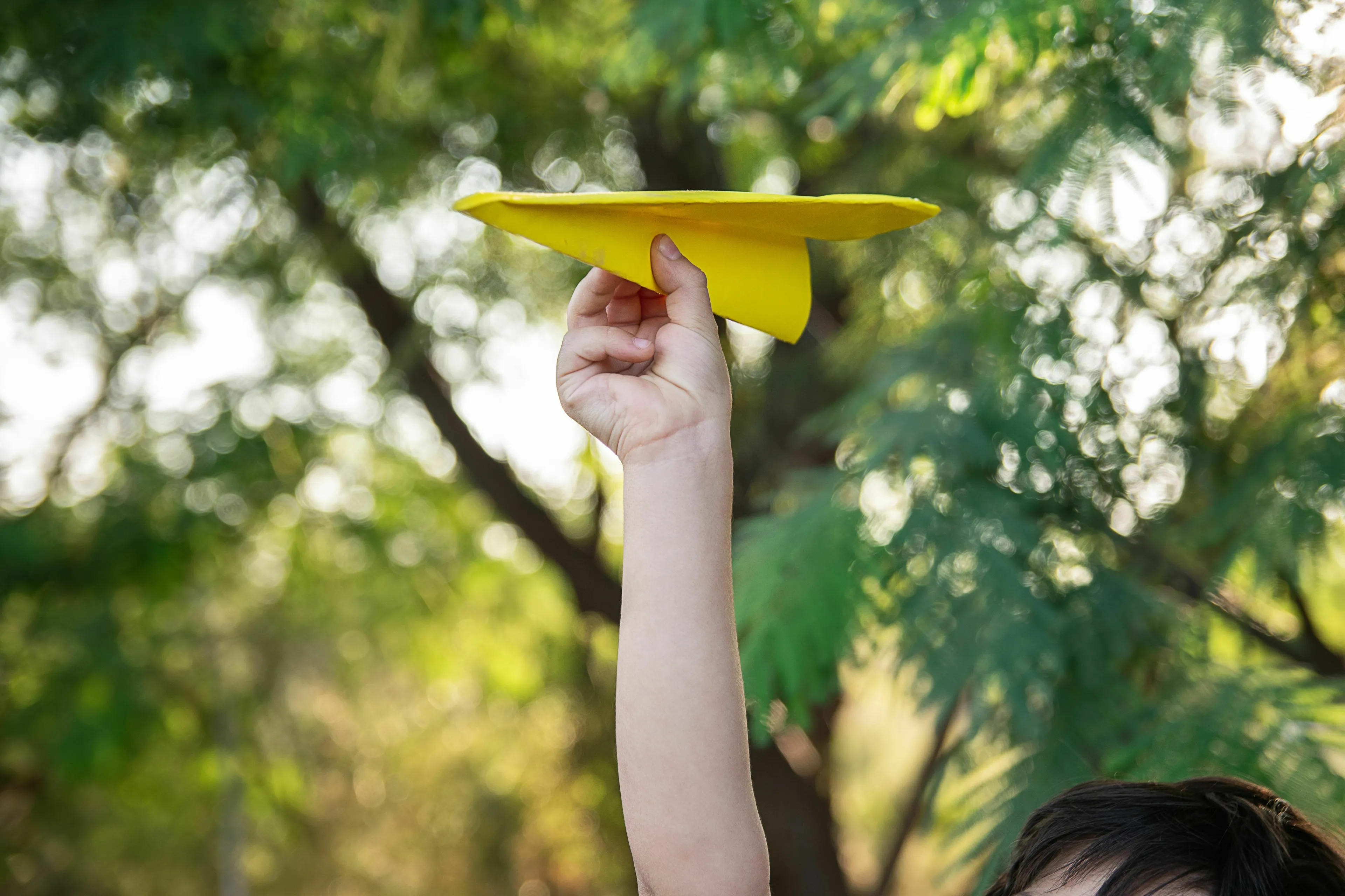 A childs arm holding a yellow paper plane against a backdrop of green trees, symbolizing a childhood memory.