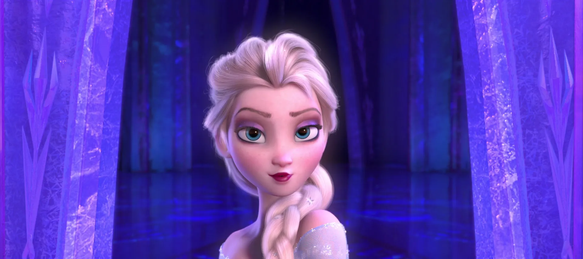 A close-up of animated character Elsa from Frozen with a calm expression, bringing nostalgia.