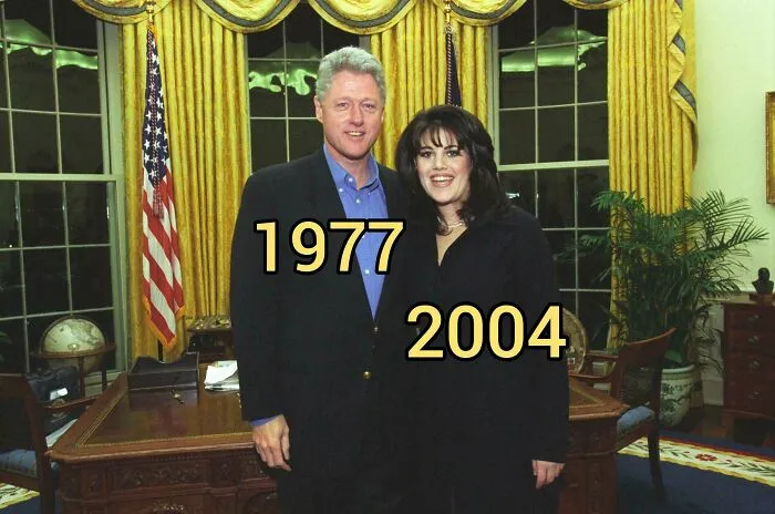 Bill Clinton and Monica Lewinsky with the years 1977 and 2004, a historical fact.