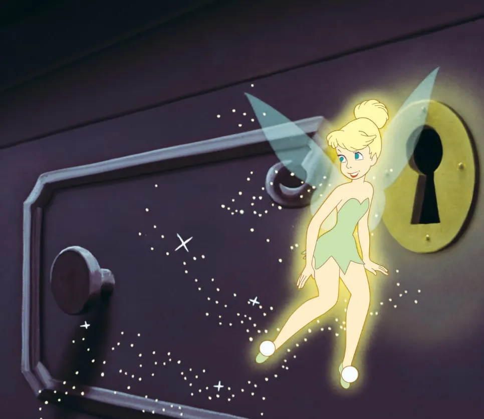 The animated character Tinker Bell, glowing and flying near a keyhole, evoking nostalgia.