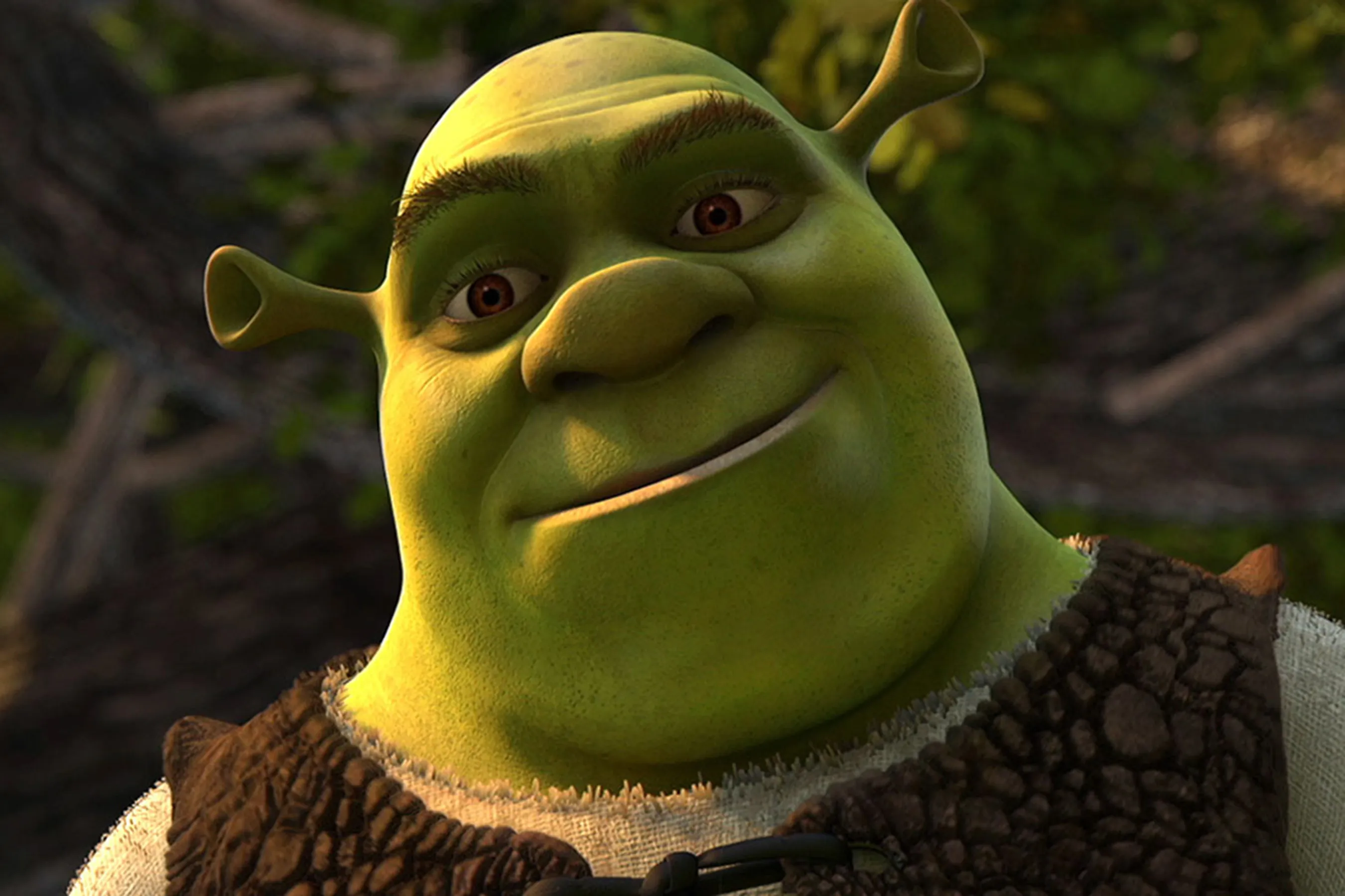 Shrek, a green animated character, smiling and looking at the viewer, evoking nostalgia.