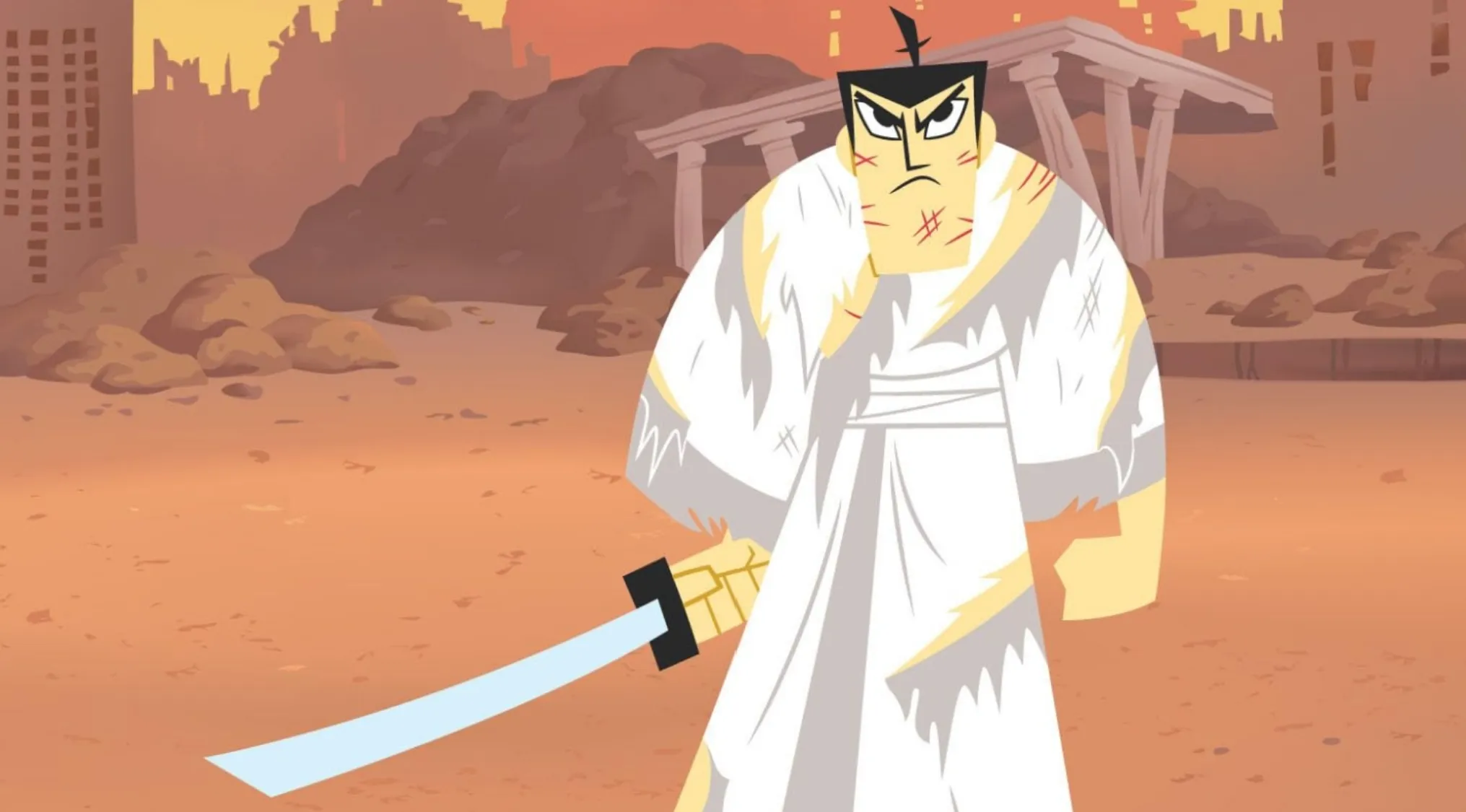 Samurai Jack, the protagonist, standing with his sword. Saturday Morning Cartoon Trivia featuring Samurai Jack.