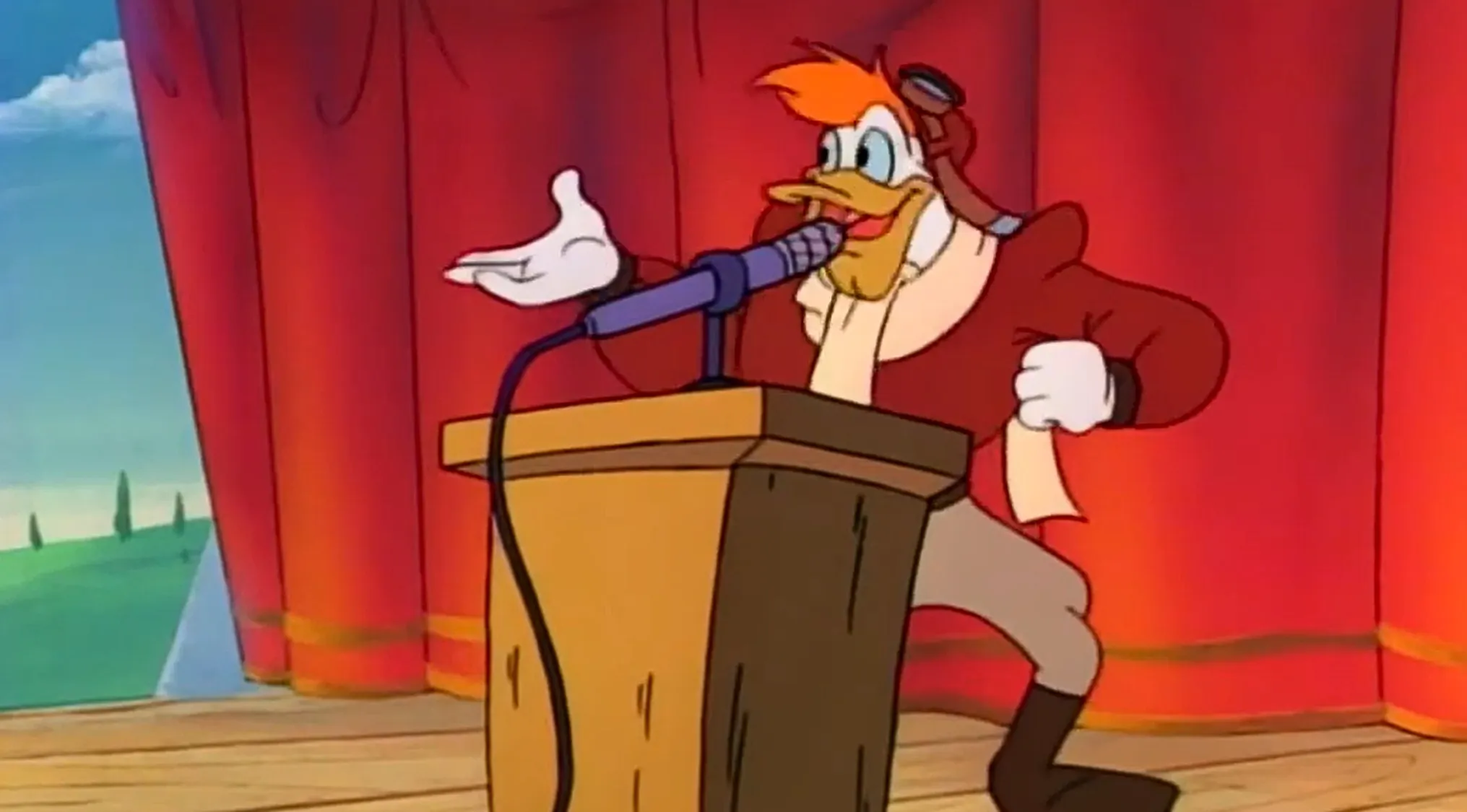 A Saturday Morning Cartoon Trivia image of a character from DuckTales at a podium. Name this character from DuckTales.