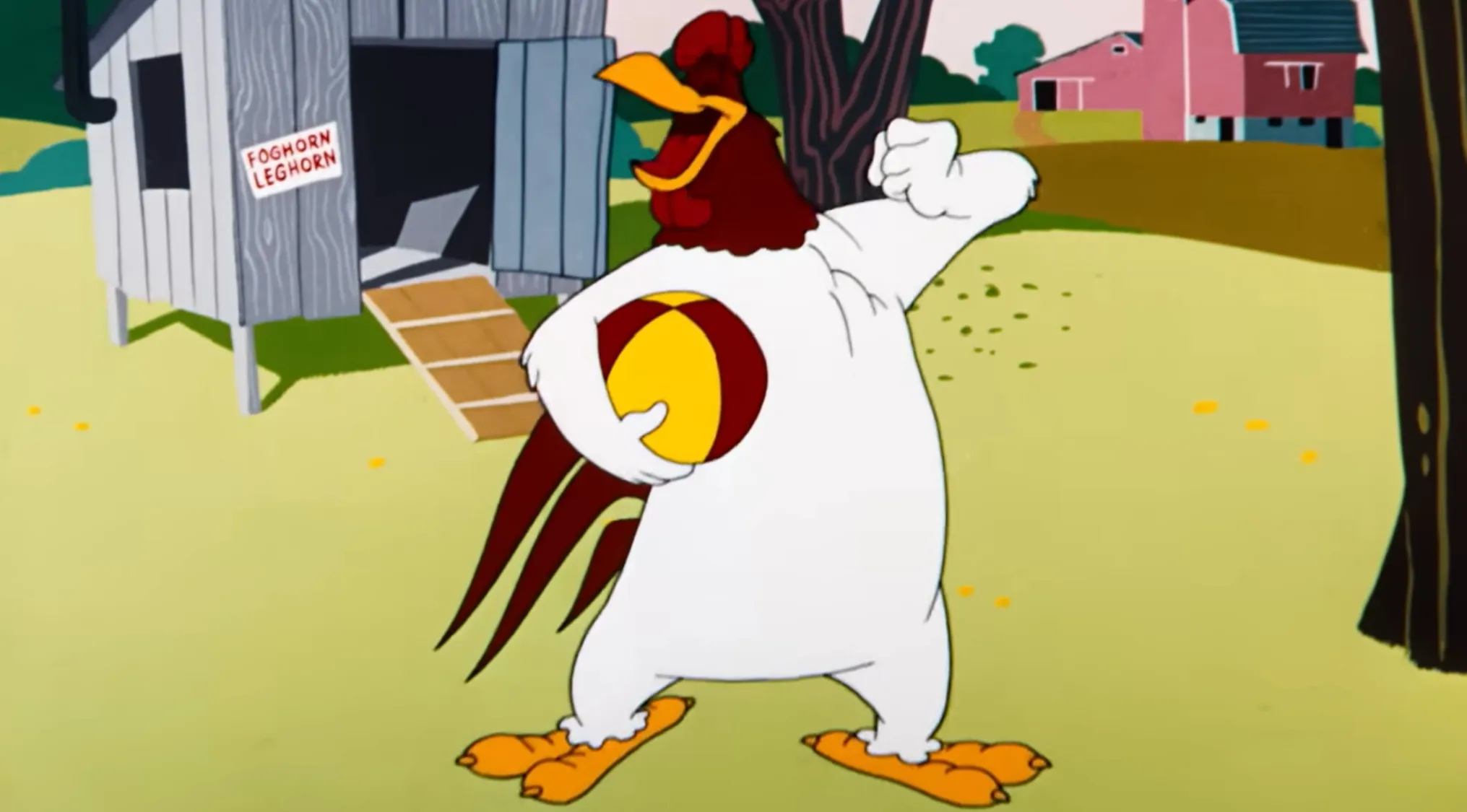 Foghorn Leghorn, a classic Looney Tunes cartoon series character, holding a ball outside a coop.