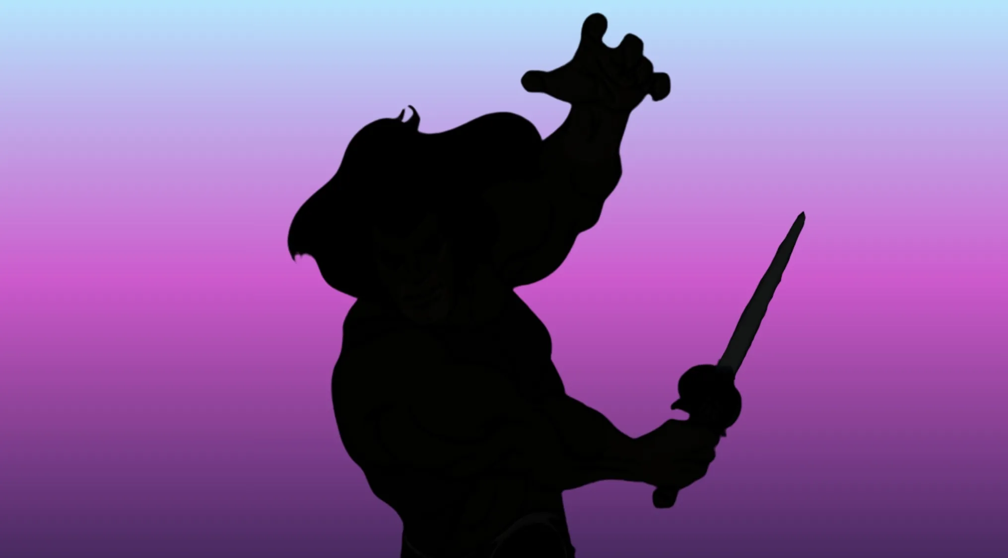 Silhouette of a character from a Saturday Morning Cartoon, holding a sword, arms raised.