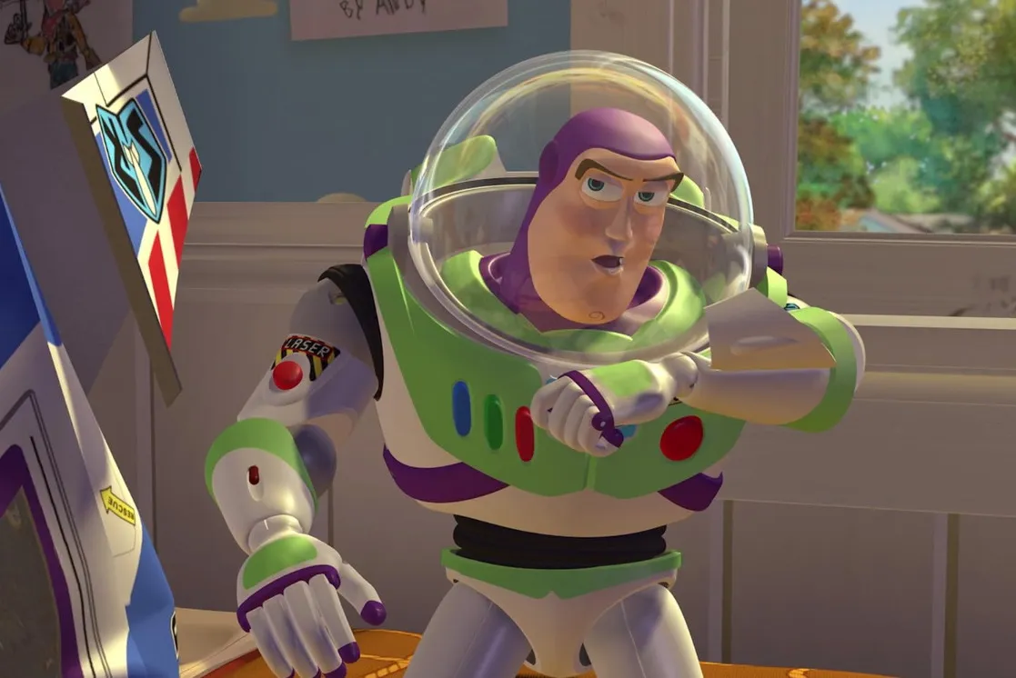 Buzz Lightyear, an animated character, looking surprised while wearing his space suit, bringing nostalgia.