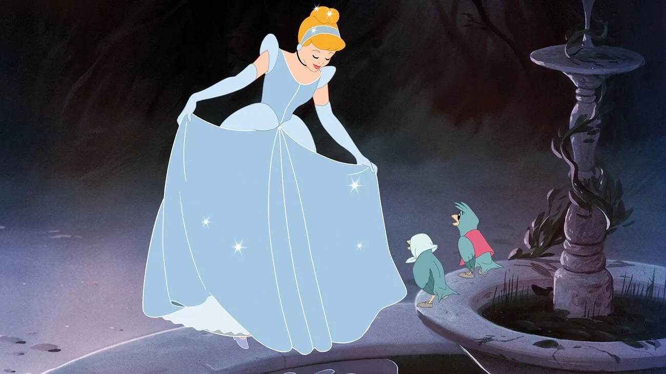 Cinderella, a Disney animated character, in her ball gown with birds, evoking nostalgia.