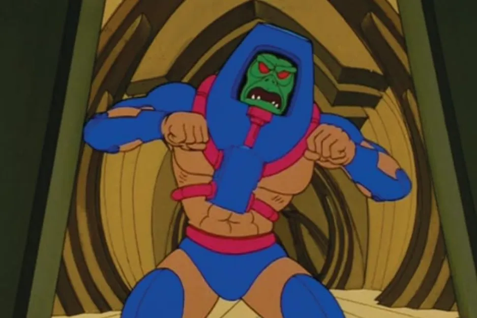 A character with a green face and red eyes, wearing blue armor, clenching his fists as a nemesis to He-Man.