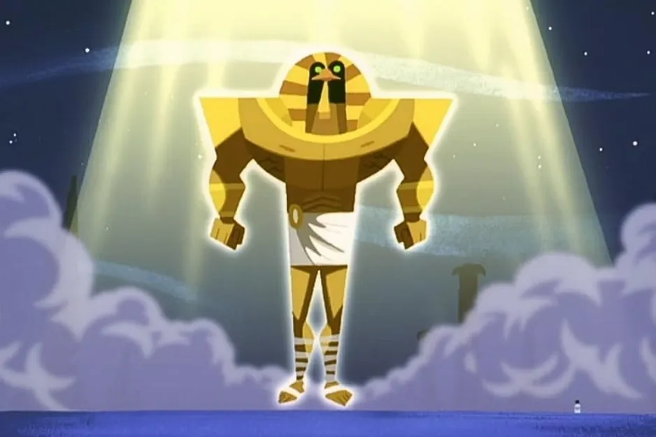 Pharaoh-like character, a potential nemesis to Samurai Jack, illuminated by a beam of light.