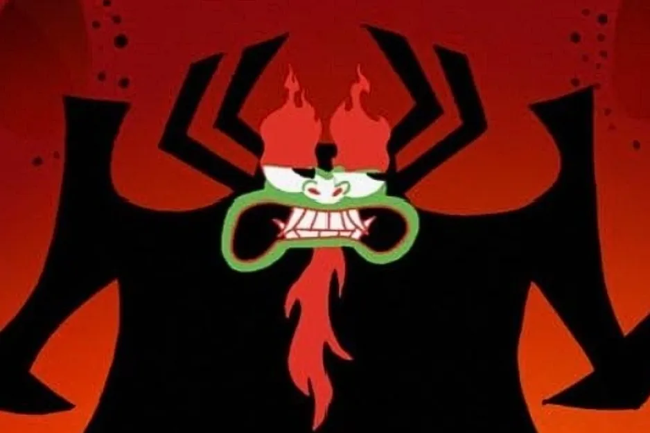 Aku, the ultimate nemesis of Samurai Jack, looking menacing with a fiery red background.