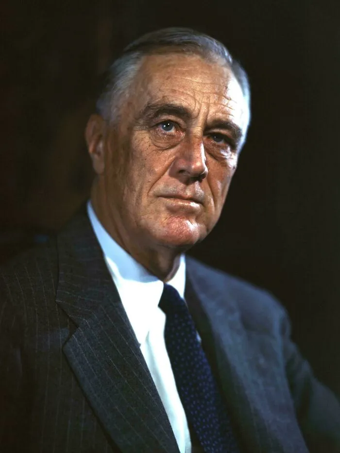 A portrait of Franklin D. Roosevelt, a significant figure in history, providing timeline facts.