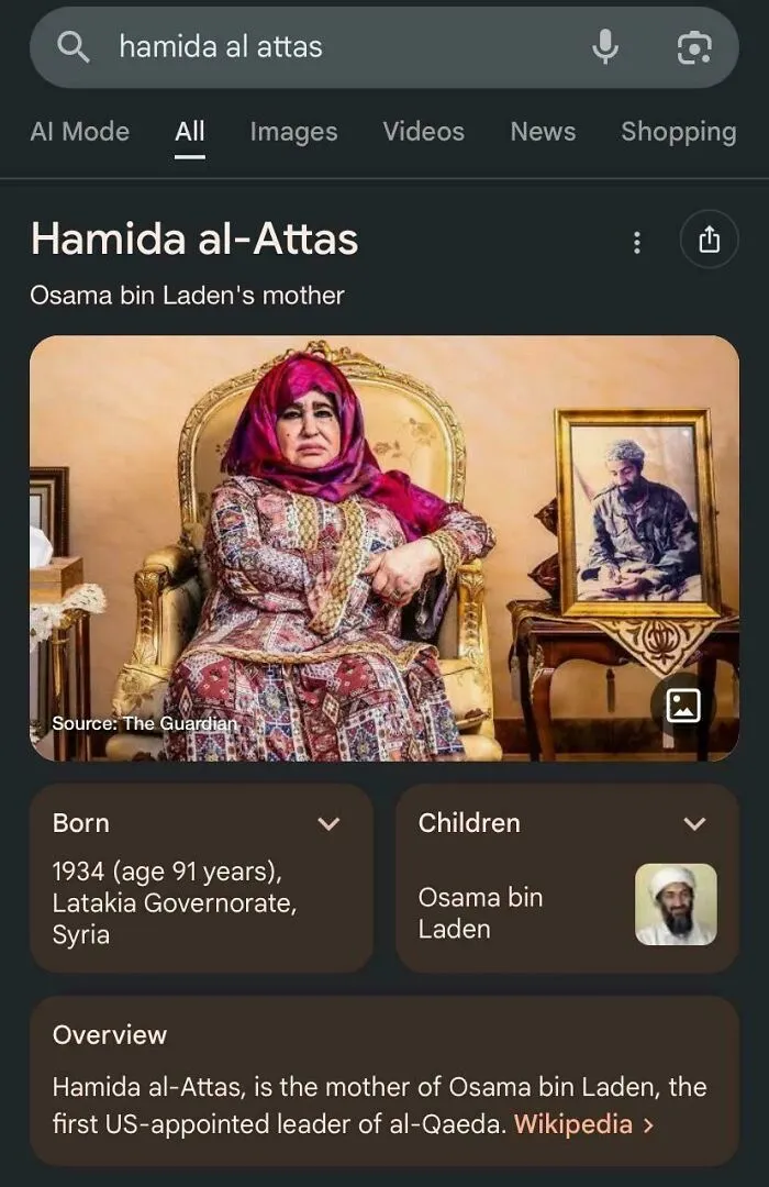 Historical timeline fact: A Google search result for Hamida al-Attas, Osama bin Laden's mother, showing her birth year and children.