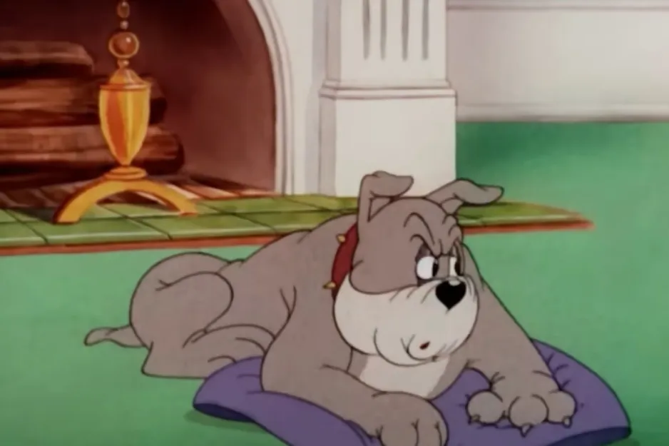 Spike, the dog, from the classic Tom and Jerry cartoon, resting on a purple pillow.