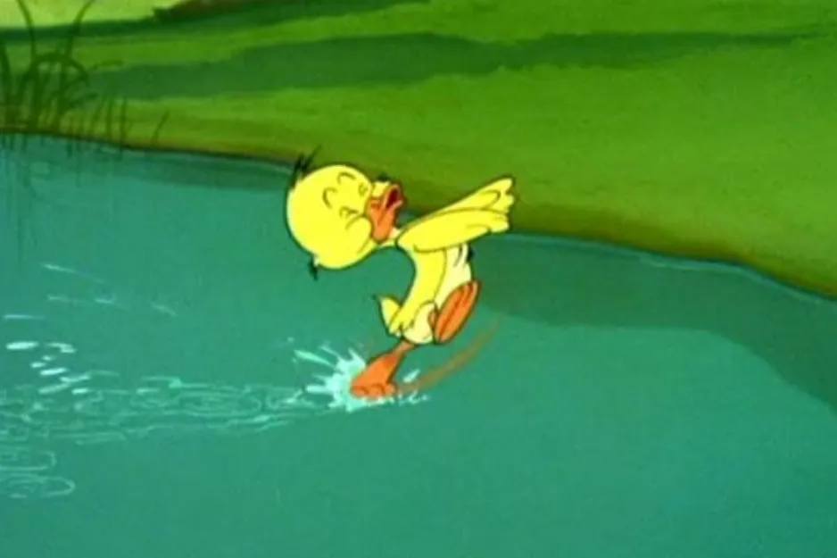 A little duckling jumping into the water from the classic Tom and Jerry cartoon.