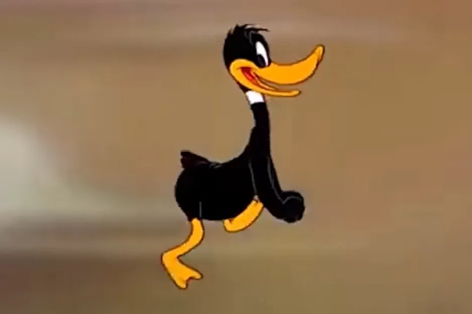 Daffy Duck running, a possible nemesis of Tweety Bird, against a plain background.