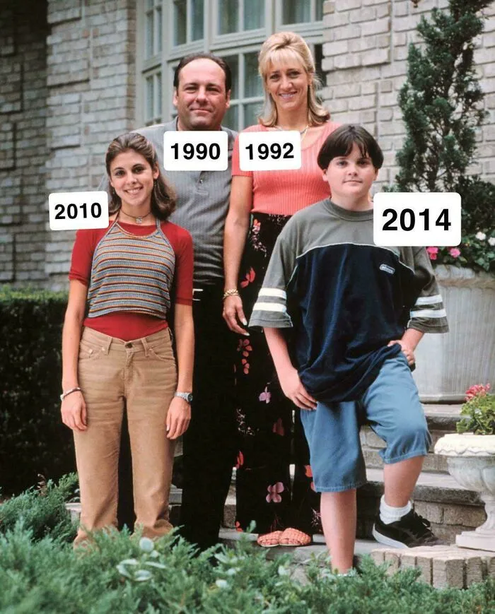 Historical timeline fact: A family photo with timeline years 1990, 1992, 2010, and 2014, illustrating their progression.